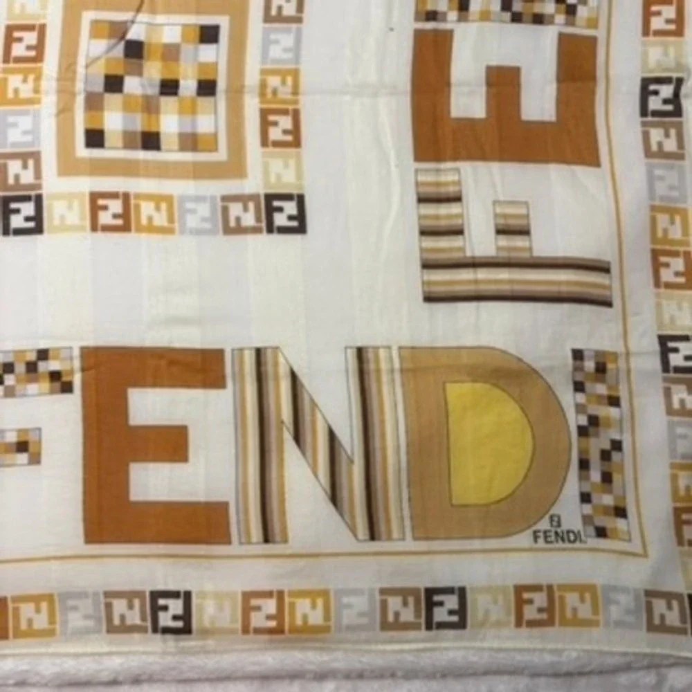 Vtg FENDI Scarf Handkerchief Zucca Logo Brown Tan Yellow 22